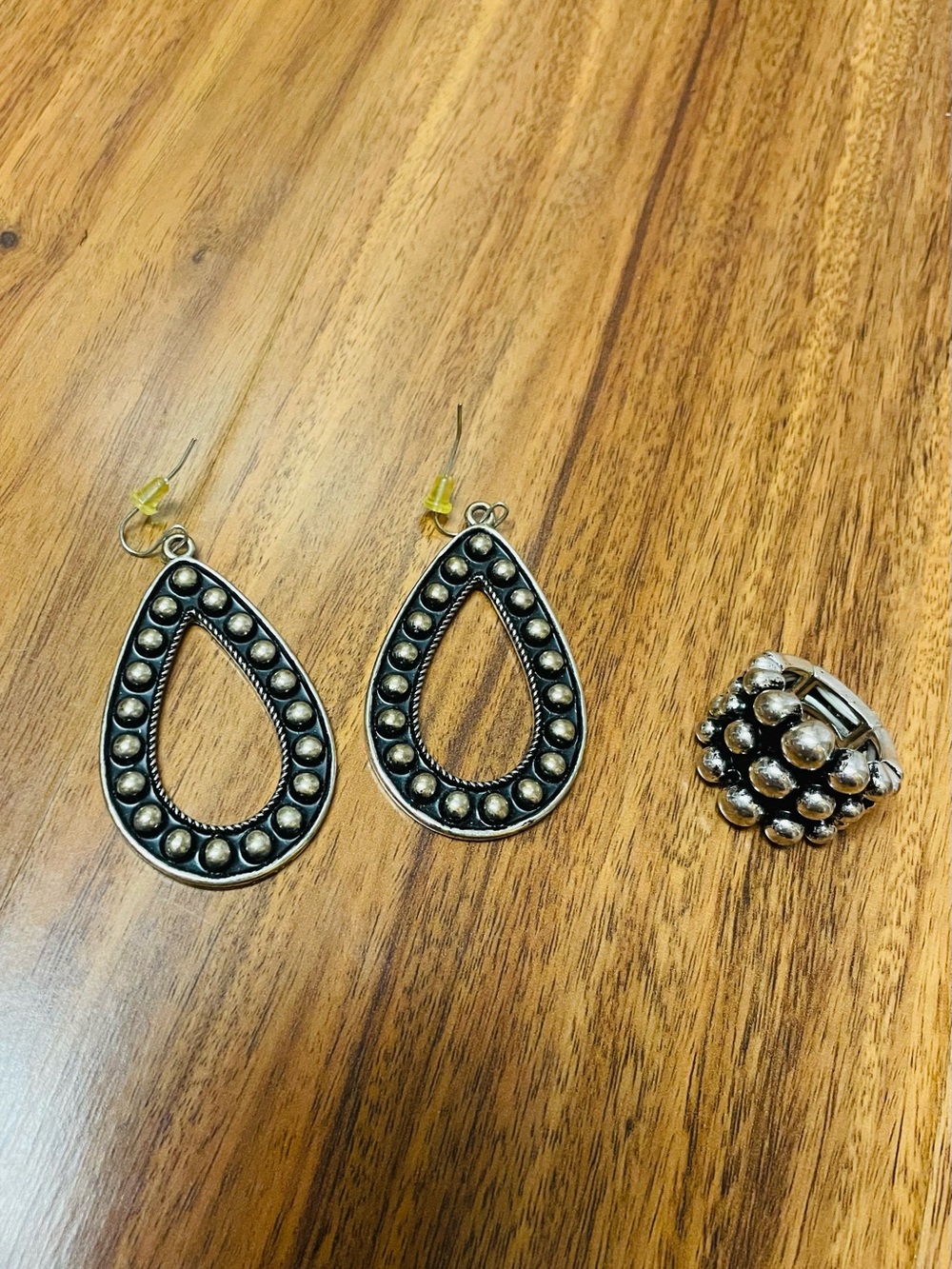 Silver-Tone Bubble Teardrop Earrings and Adjustable Ring Set
